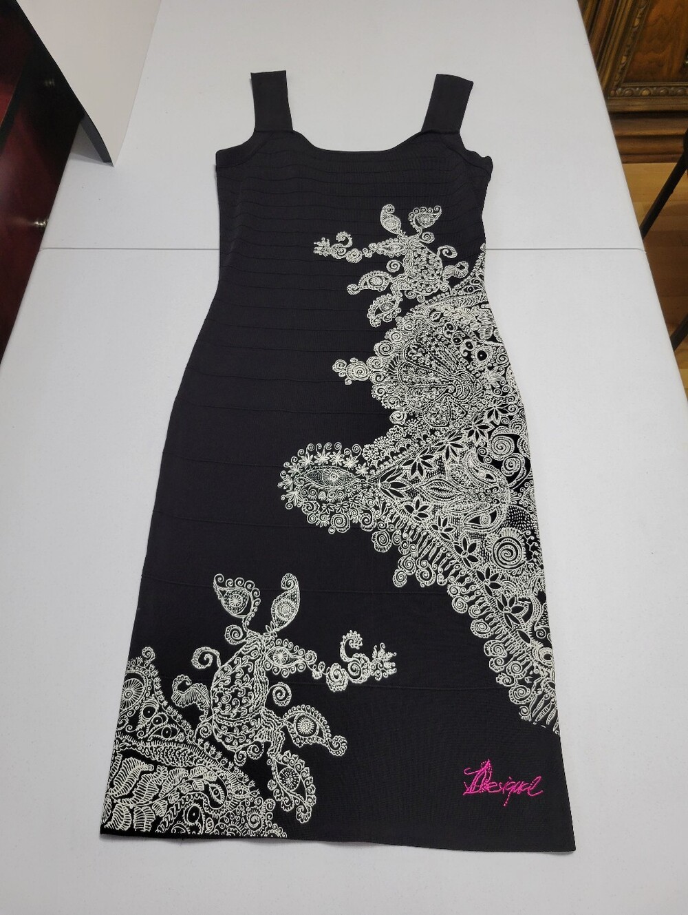Desigual Black & White Bandage Bodycon Dress - Size M